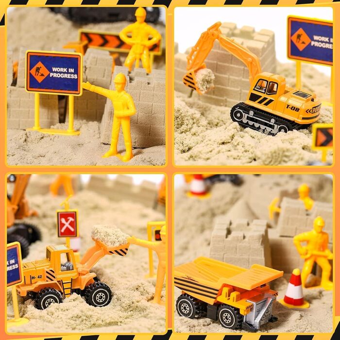 Tacobear Construction Site Magic Sand Case Sensory Toy Gifts Boy 3-8 Years with 1kg Kinetic Sand, Crane Toy, 5 Mini Vehicles & 14 Sand Molds, Sand Play Toy, Magic Sand Gift for Kids