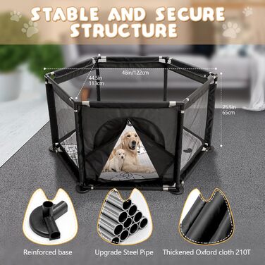 Кінець для цуценят у формі шестикутника, 122x65 см, чорний: ігровий майданчик + м'яка підстилка для великих та малих порід