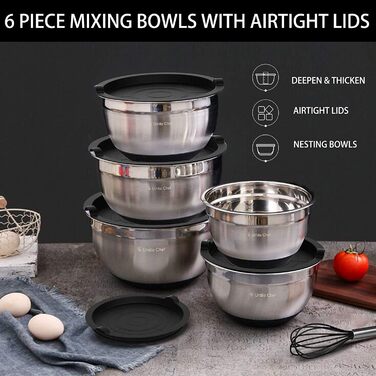 Umiten Mixing Bowls with Airtight Lids, 6-Piece Stainless Steel Metal Bowls Chef, Measuring Markings Durable Quality Size 7, 3.5, 2.5, 2.0, 1.5, 1QT, ideal for Mixing and Serving (Black)