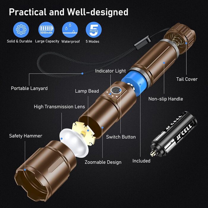 Ліхтар LED Blukar, перезарядна, надпотужний, з регулюванням фокусу, 5 режимів, водонепроникний IP67, для кемпінгу, туризму, риболовлі, надзвичайних ситуацій (колір: коричневий)