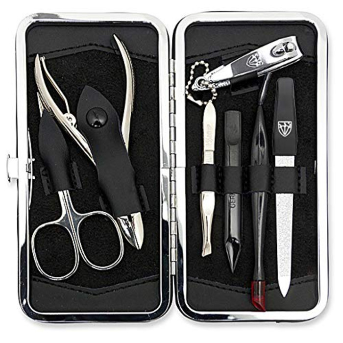 Набір для манікюру Drei Schwertter 'Pesaro' 7 предметів | Чорний шкіряний кейс | Ніж для шкіри, щипці для нігтів, пінцет, алмазна заточка, інструмент 2-в-1, ремувер для кутикули, кусачки для нігтів