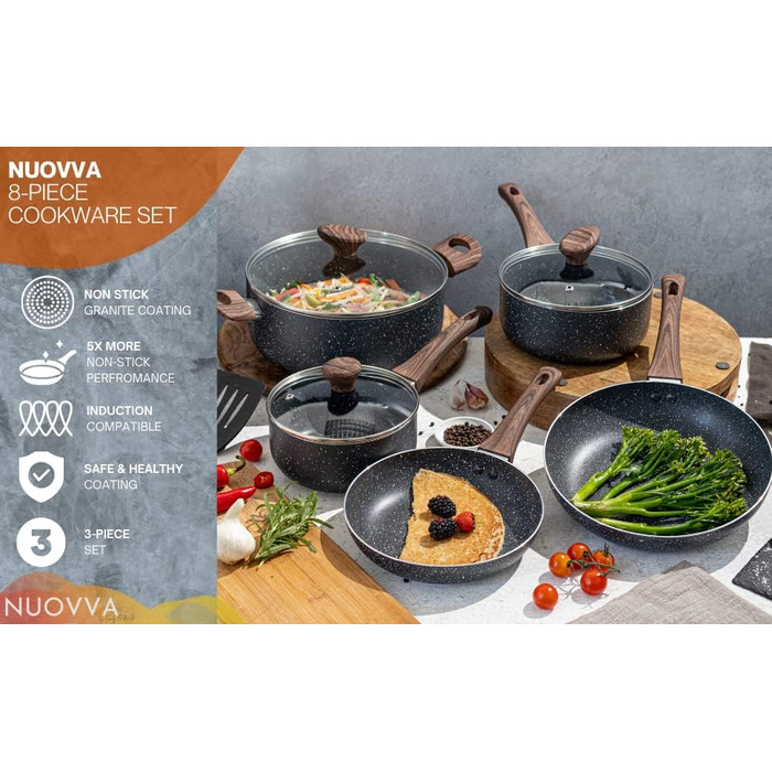 Набір каструль та сковорідок з антипригарним покриттям Nuovva - 8 предметів з кришками. Набір посуду для плити з індукційним нагріванням. Посуд з мармуровим покриттям.