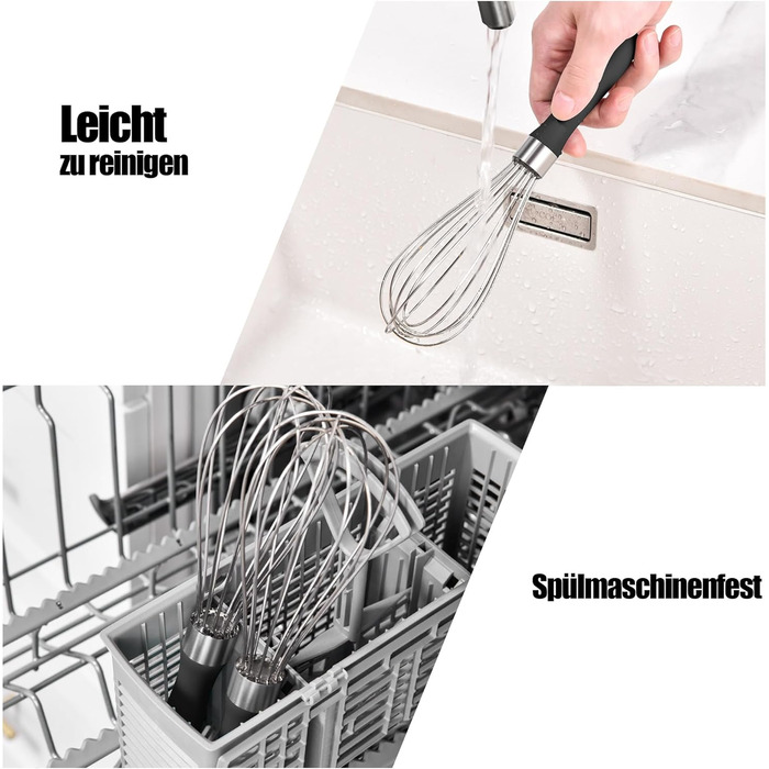 Міксер ручний кухонний Doosu 28 см, з нержавіючої сталі 18/8, 8 гнучких дротів, для змішування, збивання, приготування тіста (Чорний, S-23cm)