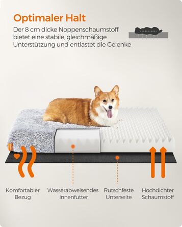 Feandrea Dog Bed, orthopedic dog cushion, padded with convoluted foam, removable and washable cover, size M, for small and medium dogs, 80 x 50 x 8 cm, PGW211G02 (L 95 x W 60 x H 8 cm, Ombré Gray)