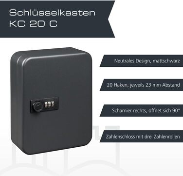 Металевий ключяр Burg-Wächter KC 20 C з кодовим замком, на 20 номерних гачків, матовий чорний, 200 x 160 x 74 мм