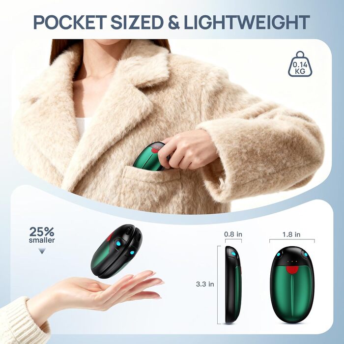 Електричні грілки для рук, набір 2 шт. USB, 20 годин тепла, 3 температурні режими, для спорту та Raynaud's, зелені