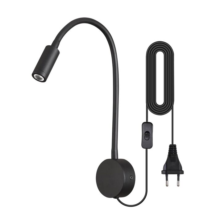 Настінний світлодіодний світильник для читання 3W теплий білий 3000K чорний з вимикачем на шнурі