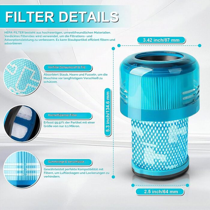 Набір фільтрів для пилососа Dyson V12 Detect Slim (3 шт.) з щіткою для чищення, сумісні з Absolute, Extra, Total Clean, Fluffy, запчастина #971517-01