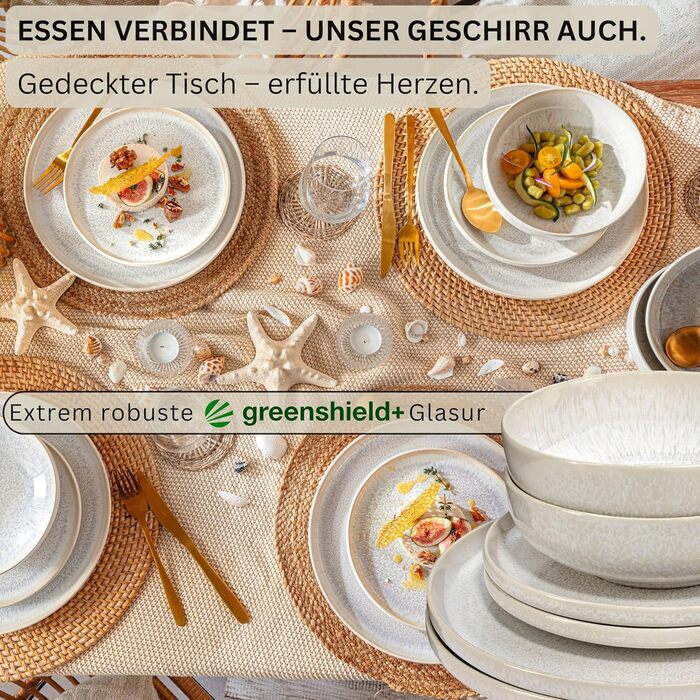 Набір посуду SÄNGER Korfu 24 елементи: сервіз на 8 осіб, керамічний посуд ручної роботи, тарілки (великі, десертні, глибокі), кремовий колір з пісочною текстурою