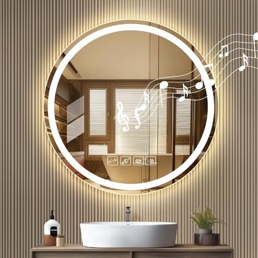 Круглий дзеркало для ванної кімнати з LED-підсвічуванням, 60 см, з функцією проти запотівання, сенсорним перемикачем та Bluetooth, регульована яскравість, 3000K/4000K/6500K, HD-загартоване скло, 600*600 мм