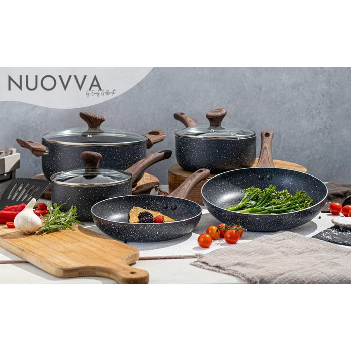 Набір каструль та сковорідок з антипригарним покриттям Nuovva - 8 предметів з кришками. Набір посуду для плити з індукційним нагріванням. Посуд з мармуровим покриттям.