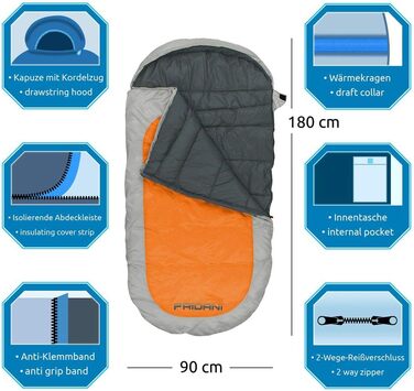 Fridani Kids Sleeping Bag PO 180x90cm XXL Comforter Sleeping Bag -12°C Orange Warm Water-Repellent Washable