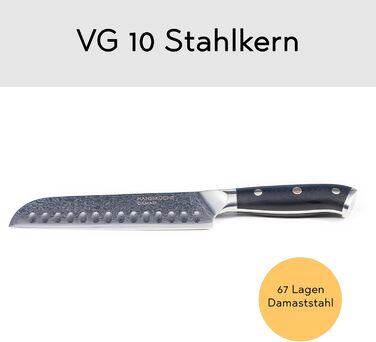 Ніж HansaKüche Santoku з дамаської сталі: професійний кухонний ніж з G10 ручкою, 67 шарів, висока якість