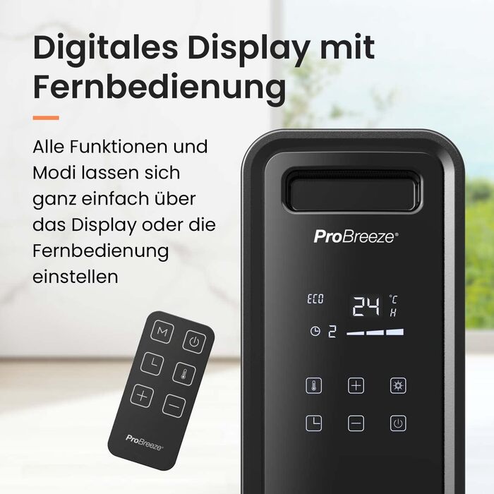 Електричний радіатор Pro Breeze 2000W з таймером, пультом дистанційного керування та термостатом | Економія енергії, 3 режими нагріву, без оливи, чорний