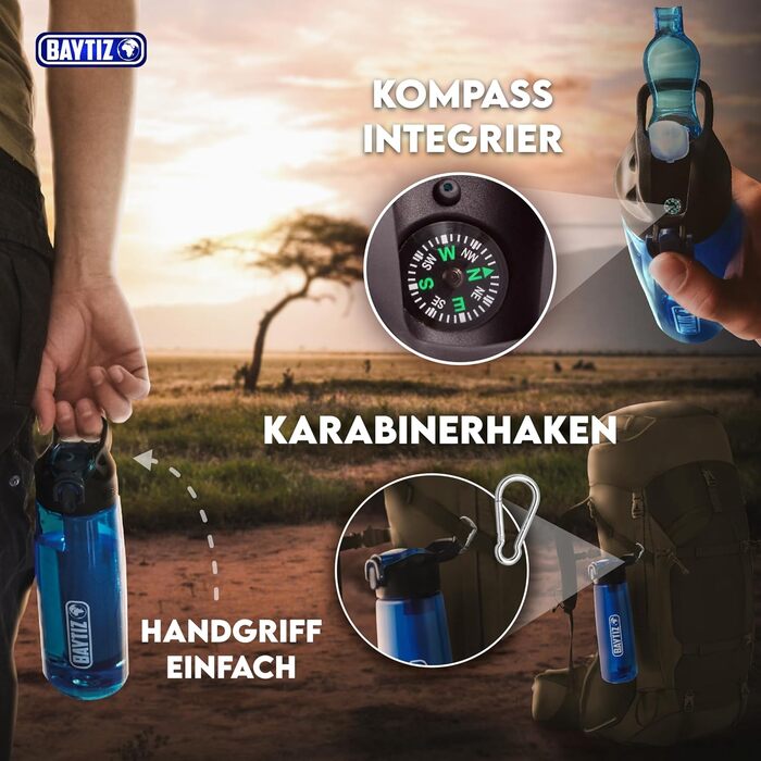 Water Bottle + Straw Filter + Carabiner - Water Filter Outdoor with Activated Carbon - Sports Survival Camping Hiking Survival Water Bottle Straw Water Purifier Life Filter System Straw