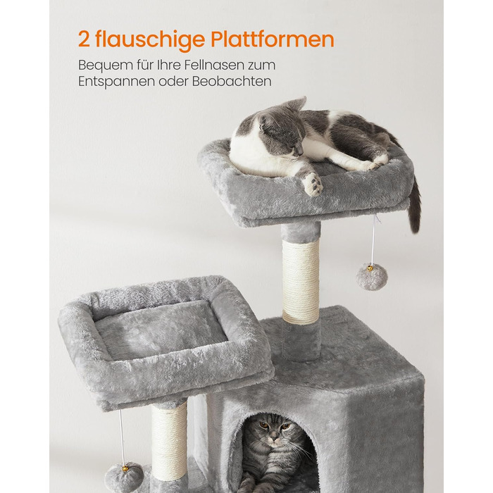 Дряпальня для котів Feandrea, кігтеточка з платформою, м'який плюш, сірий колір, 115 см, повністю обмотана сизалем, 50L x 35B x 115H см