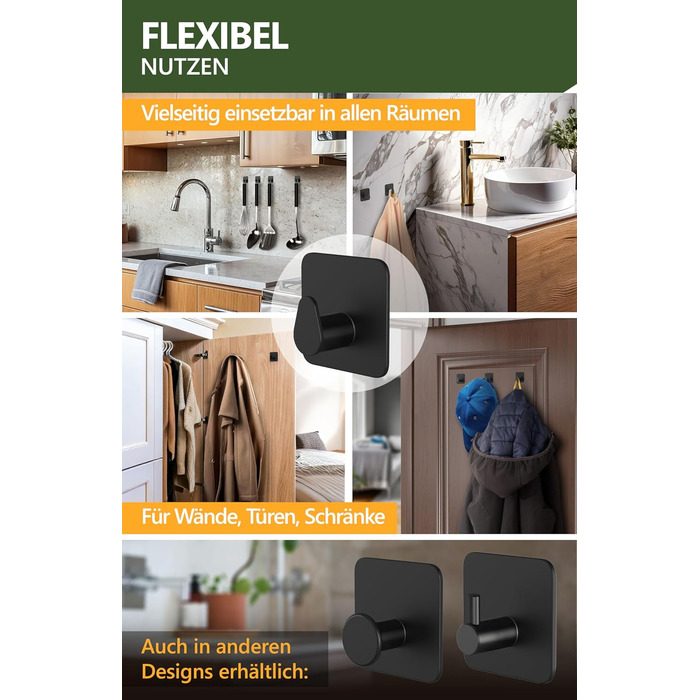 Набір тримачів для рушників 4smile (6 шт.) без свердління, з нержавіючої сталі, чорний. Клейкі гачки для ванної кімнати, міцна фіксація.