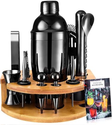 Набір для приготування коктейлів, 12 предметів, нержавіюча сталь, 750 мл, з дерев'яною підставкою та книгою рецептів
