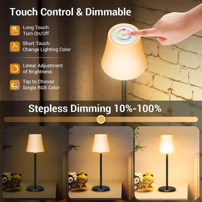 Настільна лампа LED акумуляторна бездротова 2 шт. з RGB підсвічуванням, димуванням, сенсорним керуванням, водонепроникна IP54 для спальні, вітальні, балкону