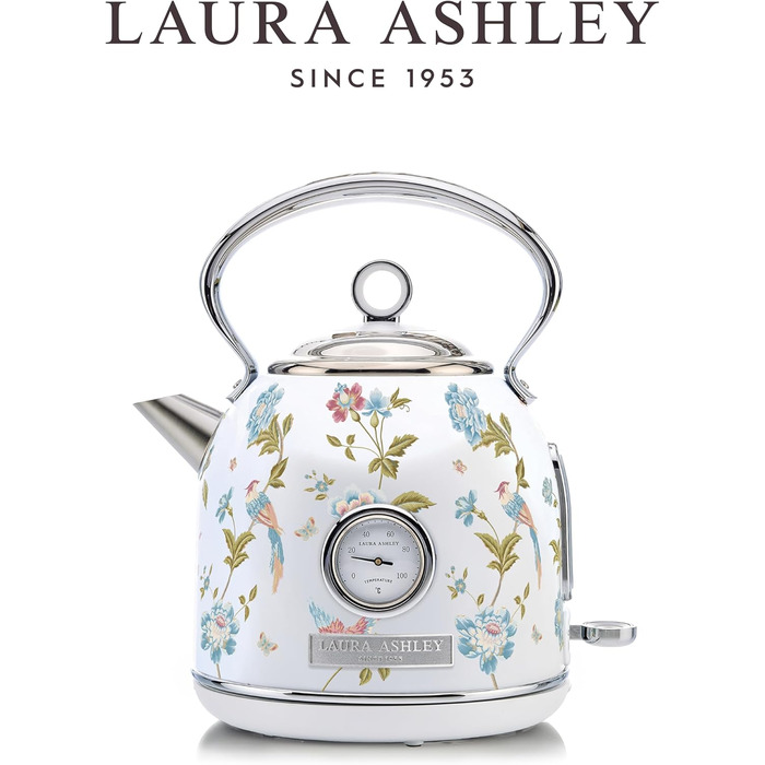 Laura Ashley Elveden Wireless Electric Kettle - 1.7L Stainless Steel, 2.2kW Fast Boil, Temperature Display & Overheat Protection