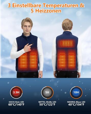Обогрівальна жилетка з флісу для чоловіків з акумулятором 5V 10000mAh - жилетка для чоловіків з 3 рівнями нагріву, 5 зонами обігріву, ідеальна для роботи на відкритому повітрі, катання на лижах, піших прогулянок та щоденних поїздок (M, Морська синя)