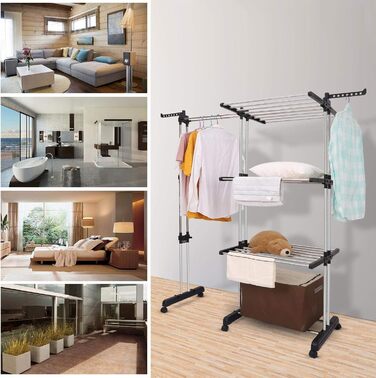 Сушарка для білизни Turm з колесами, складна, 3 рівні, сіра. Компактна сушарка-вежа для дому та вулиці