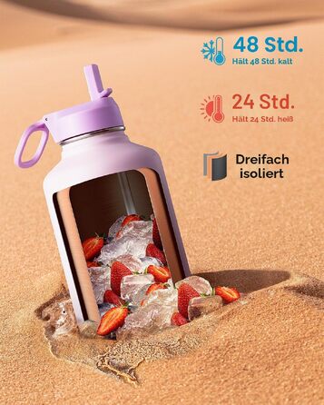 Термофляга Coolflask 2Л зі сталі з трубою та 3 кришками, вакуумна ізольована пляшка для води для спорту та подорожей, Starry Indigo Black (Рожевий, 1893 мл)