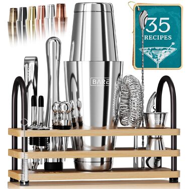Набір бармена Bare Barrel Pro Mixology: Бостонський шейкер, 14 предметів, професійний інструмент для коктейлів + 35 рецептів, сріблястий