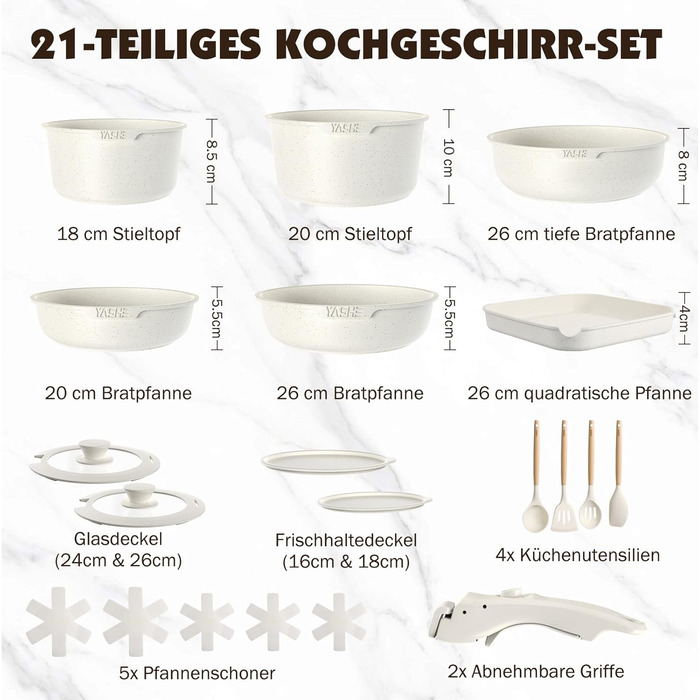 Набір посуду YASHE 21 предмет: каструлі та сковорідки з антипригарним покриттям, знімні ручки, скляні кришки, індукційне дно, термостійкий, білий