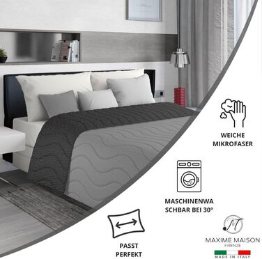 Тagesdecke 240x260 см Чорний/Сірий: двостороння постільна ковдра для дволіжка, стегане покривало з мікрофібри, Made in Italy