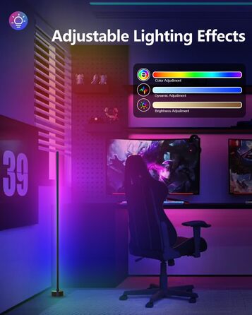 LED-підлогова лампа Miortior для вітальні, спальні, ігрової кімнати, RGB, диммування, керування з пульта та додатком, музичний синхронізатор, 16 мільйонів кольорів, 68 режимів, чорний велюр