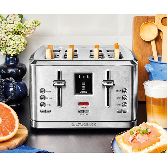 Тостер GASTROBACK 42396 Digital 4-слайсовий, 950 Вт, нерж. сталь, LCD-дисплей, 7 режимів, підставка для булочок, сріблястий