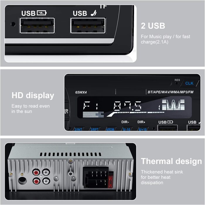 Автомобільна магнітола Lifelf 1 DIN RDS Bluetooth, 4x65Вт, MP3/USB/FM, підтримка iOS/Android, без CD, чорна/срібляста