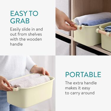Navaris 4x Storage Box Storage Crate with Wooden Handle - Plastic Box Organizer for Storage - Container Box for Bathroom Kitchen