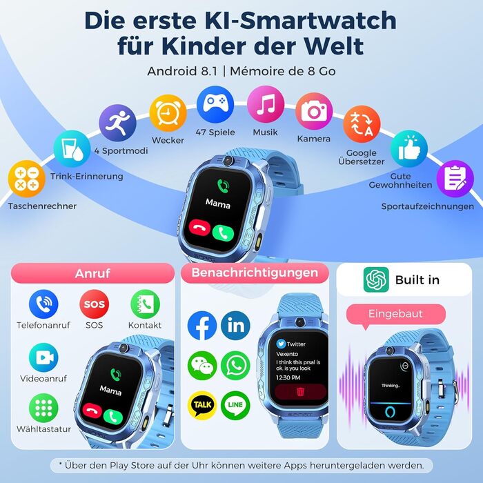 Дитячий розумний годинник KI з GPS та телефоном - 2025. Розумний годинник для дітей з відеодзвінками, чатом, Wi-Fi, 47 іграми, шкільним режимом, 4 спортивними режимами, подарунок для підлітків 5-13 років (блакитний)