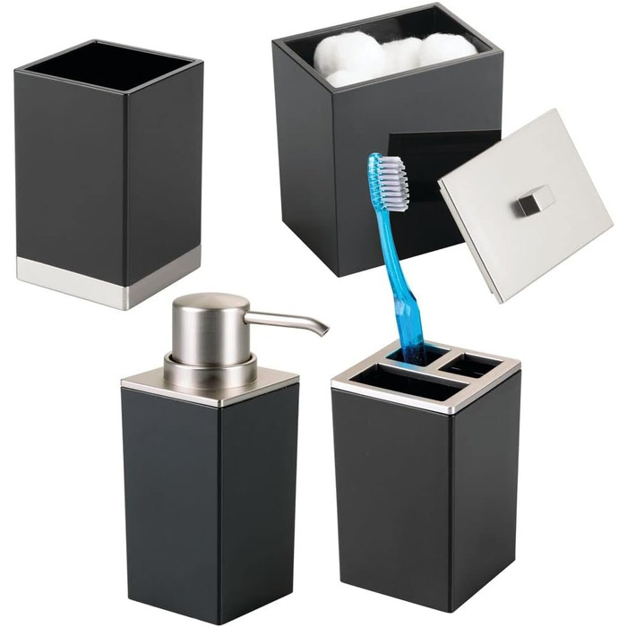 mDesign Plastic Bathroom Storage Jars, Vanity Decor Accessories, Countertop Organizer, Soap Dispenser, Toothbrush Holder, Lumiere Collection, 4-Piece Set – Black/Brushed