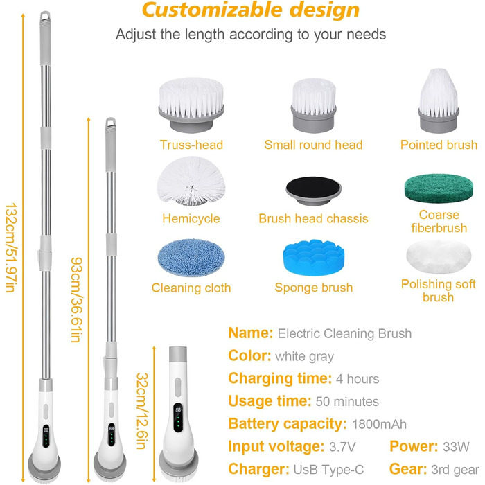 Електрична щітка для прибирання 9 в 1, 3 швидкості, регульована ручка 125 см, для ванної, кухні, плитки та авто