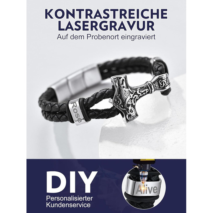 Чоловічий шкіряний браслет Bandmax Mjölnir/Totenkopf/Freimaurerei з гравіюванням, магнітна застібка, 23 см