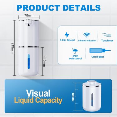 Automatic Soap Dispenser, Wall-Mounted Touchless 380ml Electric Soap Dispenser with Sensor, USB Rechargeable Foam Soap Dispenser for Bathroom, Kitchen, Office