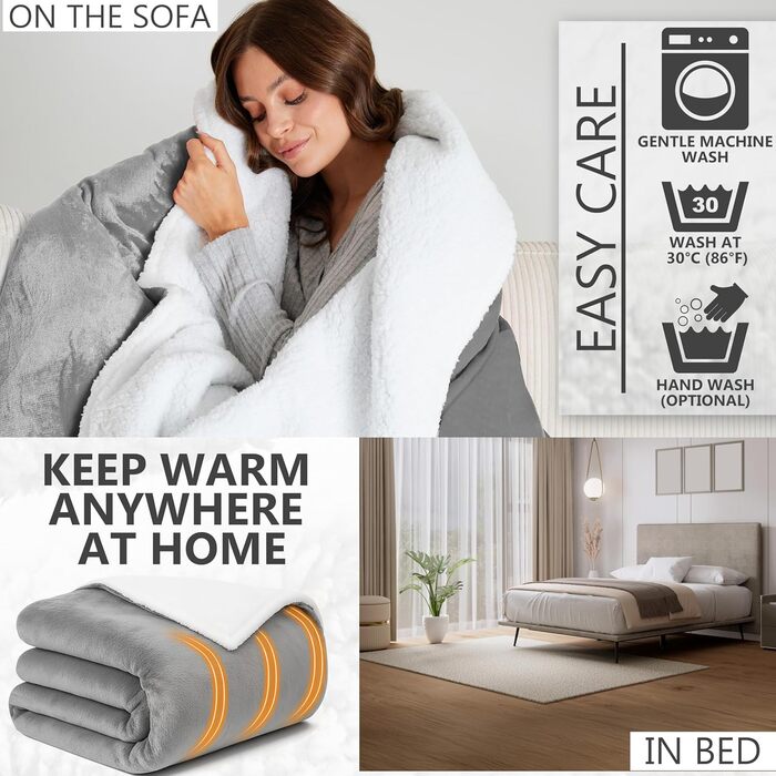 Електрична ковдра Kingsize König EU, м'яка Sherpa Fleecedecke, 230x265 см, 9 режимів нагріву, таймер 12 годин, тепла ковдра-плед, подарунок