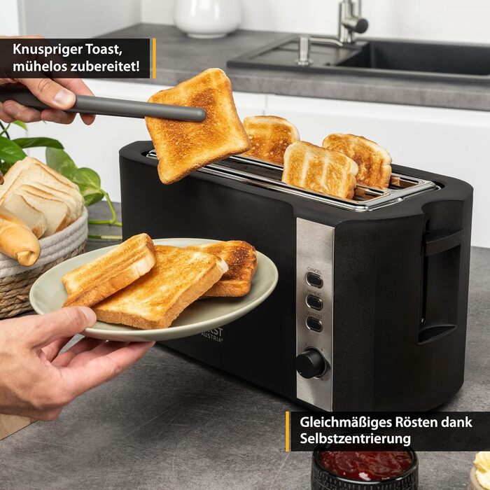 Тостер TZS First Austria 4-х секційний з довгим прорізом | 6 ступенів підсмажування, функція розморожування та підігріву | Підігрівач булочок, піддон для крихт | Чорний/Нержавіюча сталь
