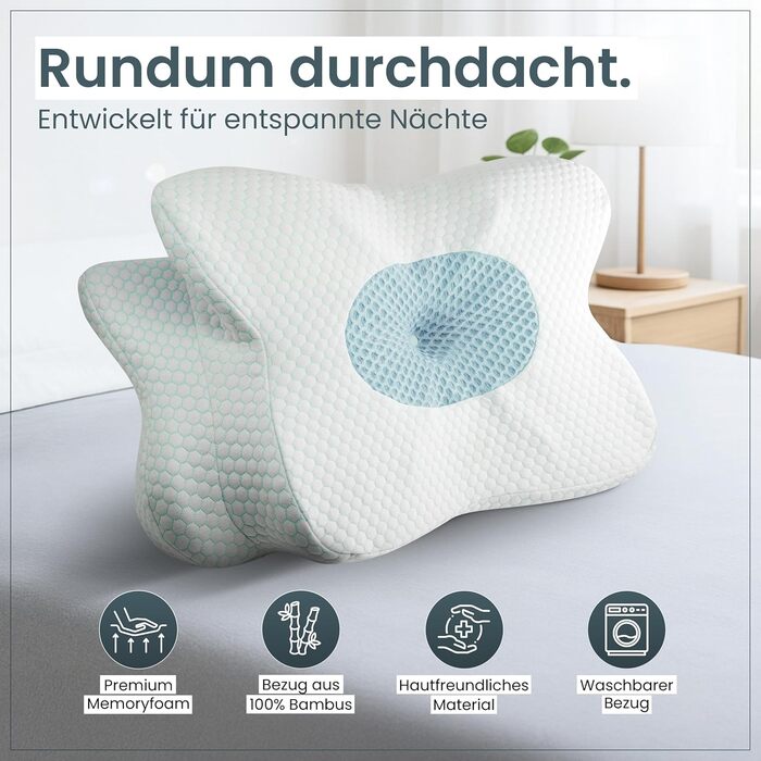 Ортопедична подушка для шиї при болях у шиї з високоякісної піни з пам'яті - Ергономічна подушка для шиї - Подушка для тих, хто спить на боці, на спині та на животі - знімний чохол, придатний для прання при 40°C (61 x 40 x 12, блакитна)