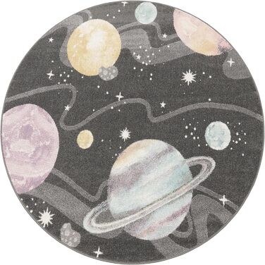 Paco Home Children's Rug, Children's Room Rug, Boy, Girl, Modern, Space, Planets, Stars, Soft, Anthracite, Multicolored, Size: 160 cm Round, 160 cm (Round)
