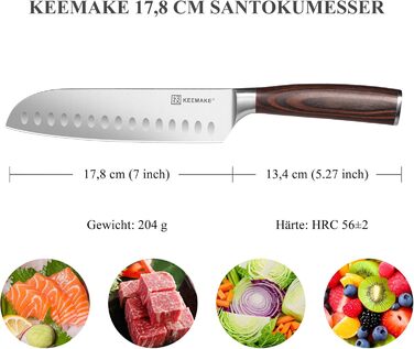 KEEMAKE Набір професійних кухонних ножів, сталь вуглецева, ергономічна ручка, 18 см (Сантоку)