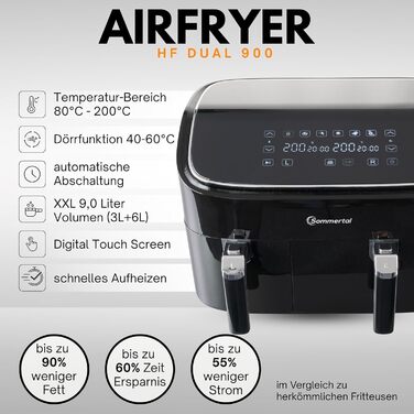 Фритюрниця повітряна Sommertal HF760-7,6L XXL з сенсорним екраном, 8 програм, 2000 Вт - енергоефективна та здорова, велика фритюрниця Air Fryer (9.0L Dual)