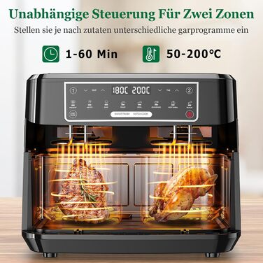 Фритюрниця повітряна з 2 камерами на 9 літрів | Air Fryer з двома відсіками по 4,5 л, 2600 Вт, 8-в-1, сенсорне керування, функція Smart Finish, незалежний контроль температури та часу (срібна)