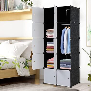 Regal system, 10 cubes, plastic wardrobe with doors, modular cabinet for space-saving storage, 70 x 45 x 175 cm, white door & black cabinet, for storing clothes, shoes, etc.