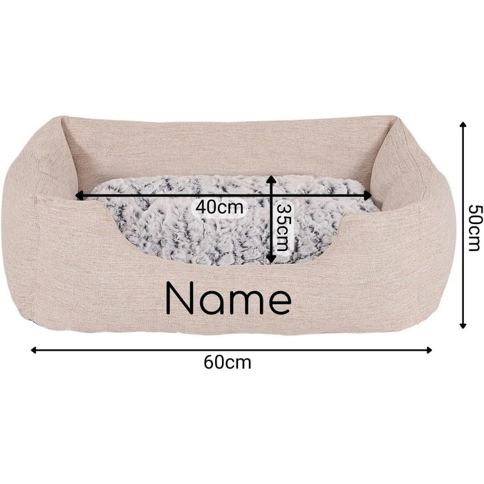 Lionto Dog Basket with Fluffy Reversible Cushion, Cozy Pet Bed in a Marbled Design with Deep Entry for Dogs & Cats of All Sizes, 80x60 cm, Soft Dog Bed, (Beige, L 60 x W 50 x H 22 cm (with name imprint))