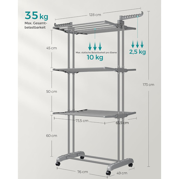 Сушарка для білизни SONGMICS з 4 рівнями, розкладна, на колесах, 63.5 x 128 x 173 см, сірого кольору (LLR701G01)