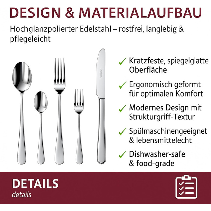 Набір столових приборів 60 предметів для 12 осіб з нержавіючої сталі – елегантний набір, полірований до блиску, безпечний для посудомийної машини та стійкий до іржі; для стильного сервірування столу в будні та на свята (Модель 6)